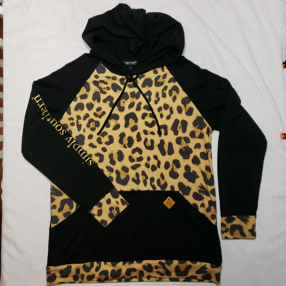 Simply Southern Black and Leopard Print Hoodie Size L